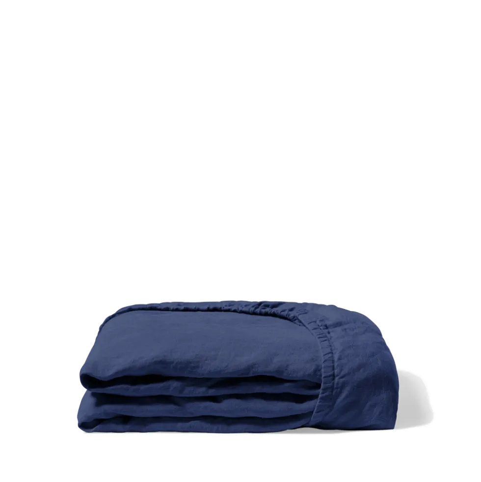 Drap housse en lin lavé - Bleu Pacifique