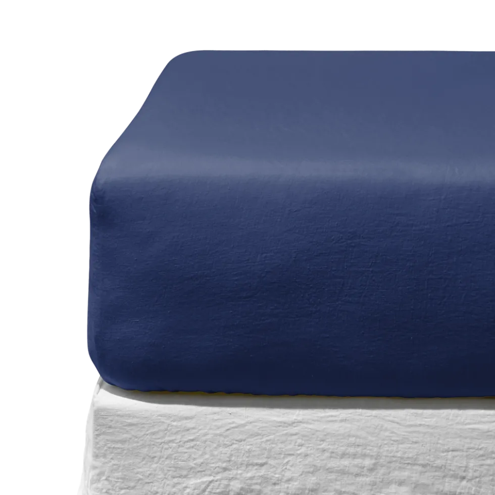 Drap housse en lin lavé - Bleu Pacifique