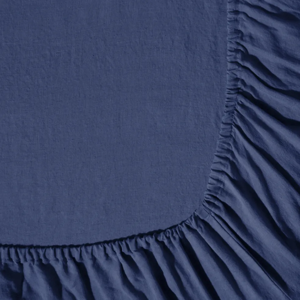 Drap housse en lin lavé - Bleu Pacifique