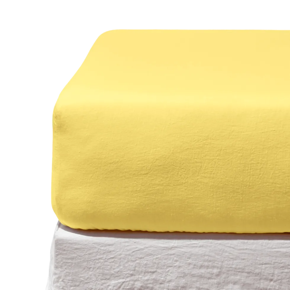 Drap housse en lin lavé - Jaune Citronnade