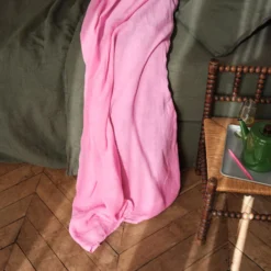 Drap plat en lin lavé - Rose Garance