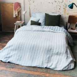 Housse de couette en lin lavé - Rayures Toile Bleu Primaire