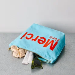 Merci - Pochette en coton - Bleu Clair & Rouge