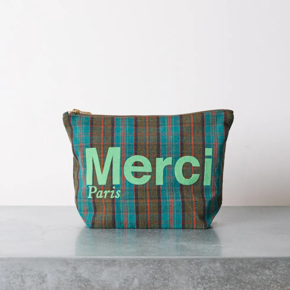 Merci - Pochette en coton - Bleu, Marron & Vert
