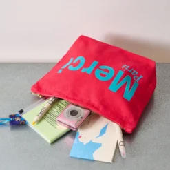 Merci - Pochette en coton - Framboise & Turquoise