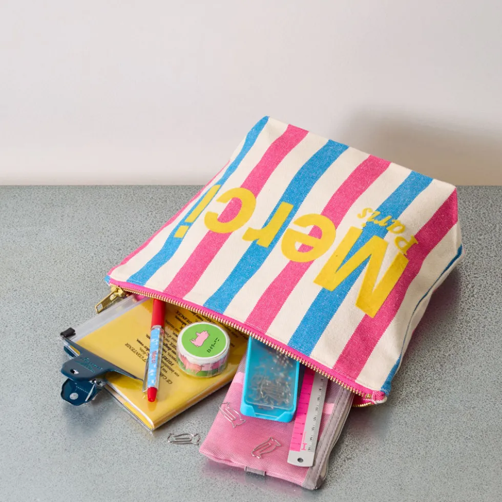 Merci - Pochette en coton rayé - Rose & Bleu