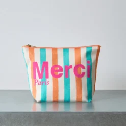 Merci - Pochette en coton rayé - Turquoise & Abricot