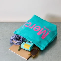 Merci - Pochette en coton - Turquoise & Rose