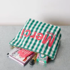 Merci - Pochette en coton - Vert, Crème & Rose