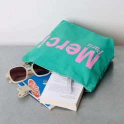 Merci - Pochette en coton - Vert & Rose