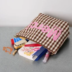 Merci - Pochette en coton Vichy - Marron & Ecru
