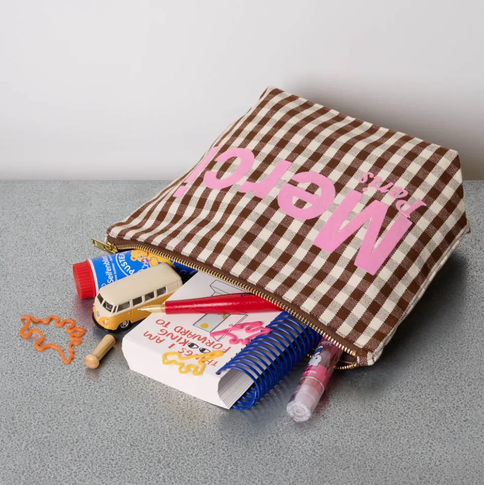 Merci - Pochette en coton Vichy - Marron & Ecru
