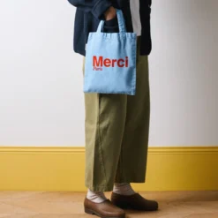 Merci - Tote Bag en coton - Bleu bébé & Rouge