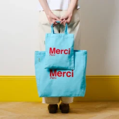 Merci - Tote Bag en coton - Bleu Clair & Rouge
