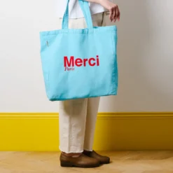 Merci - Tote Bag en coton - Bleu Clair & Rouge