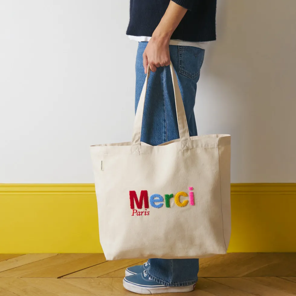 Merci - Tote Bag en coton Bouclette - Ecru & Multicolore
