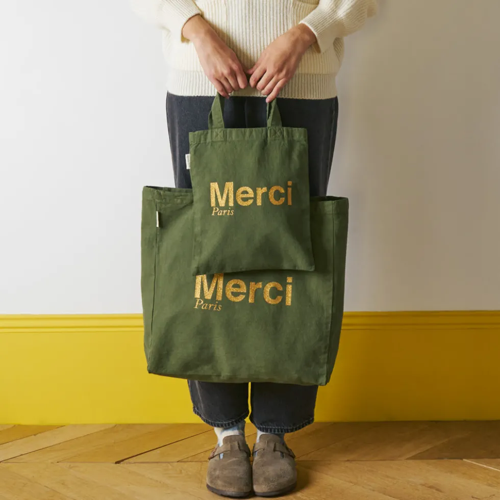 Merci - Tote Bag en coton - Kaki & Doré