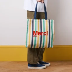 Merci - Tote Bag en coton rayé - Bleu Nuit & Banane