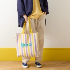 Merci - Tote Bag en coton rayé - Lila & Banane