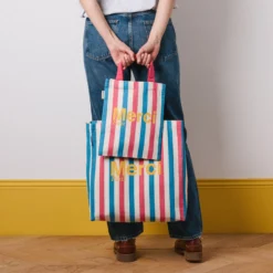 Merci - Tote Bag en coton rayé - Rose & Bleu