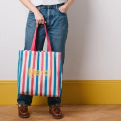 Merci - Tote Bag en coton rayé - Rose & Bleu