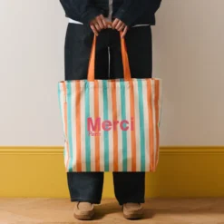 Merci - Tote Bag en coton rayé - Turquoise & Abricot