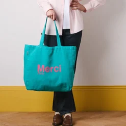 Merci - Tote Bag en coton - Turquoise & Rose
