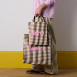 Merci - Tote Bag en coton Vichy - Marron & Ecru