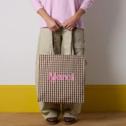 Merci - Tote Bag en coton Vichy - Marron & Ecru
