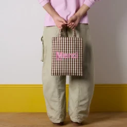 Merci - Tote Bag en coton Vichy - Marron & Ecru