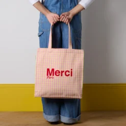 Merci - Tote Bag en coton Vichy - Rose & Jaune
