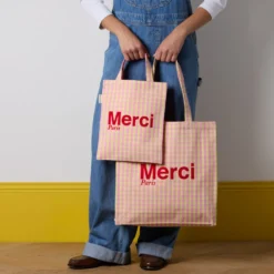Merci - Tote Bag en coton Vichy - Rose & Jaune