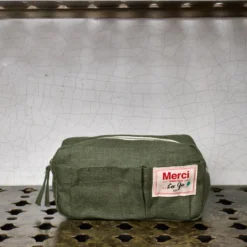 Merci - Trousse en lin lavé - Vert Oxyde