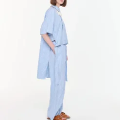 PLAN C - Pantalon Wide Leg Striped - Bleu & Blanc