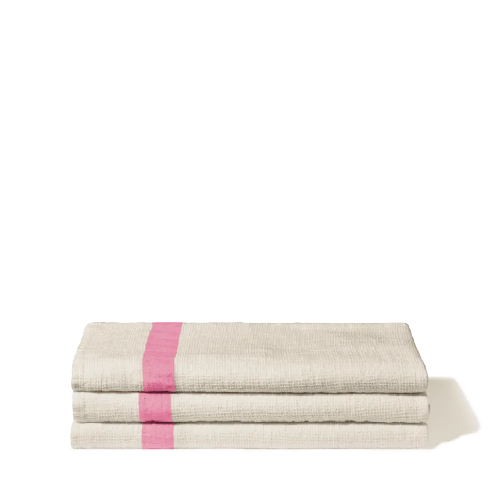 Serviette de bain en lin - Nid d'abeille - Bande Rose Garance