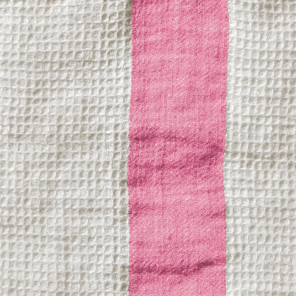 Serviette de bain en lin - Nid d'abeille - Bande Rose Garance