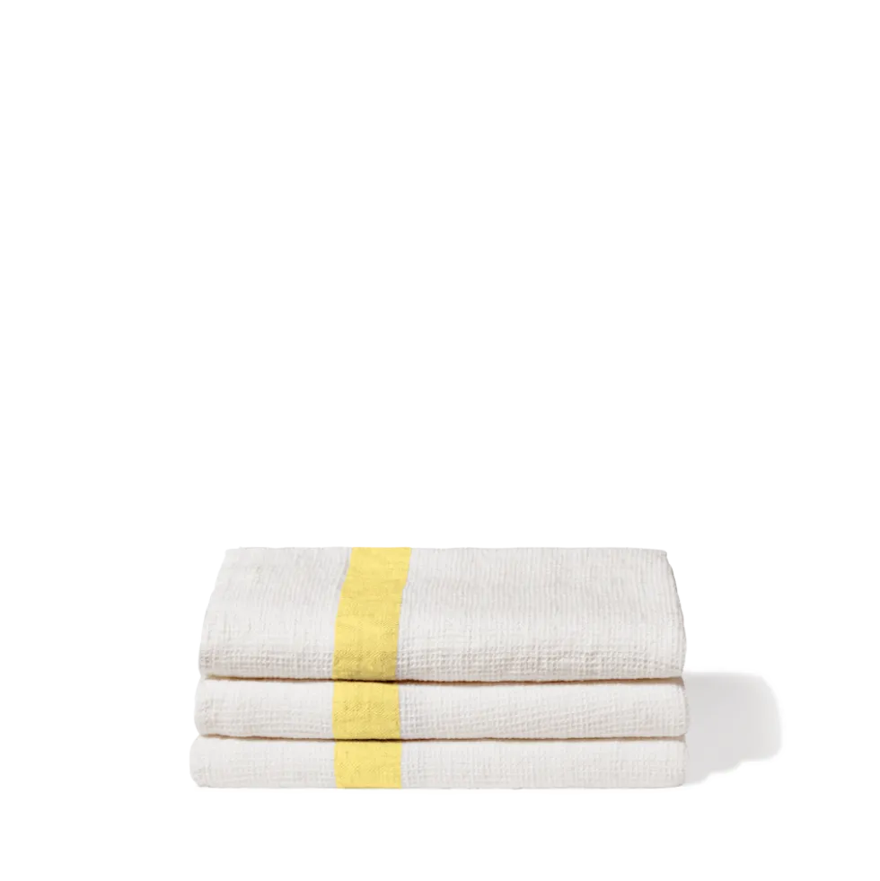 Serviette de bain en lin - Nid d'abeille - Bande Jaune Citronnade