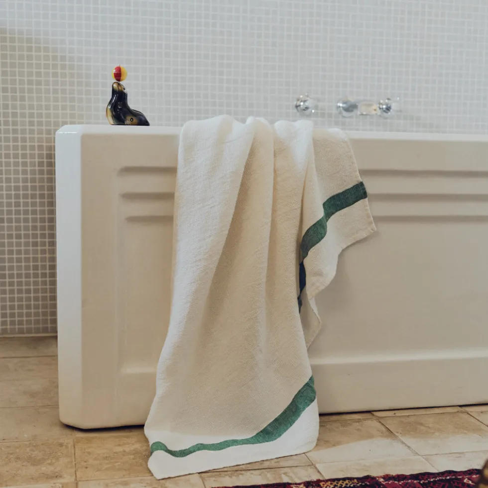 Serviette de bain en lin - Nid d'abeille - Bande Vert Potager
