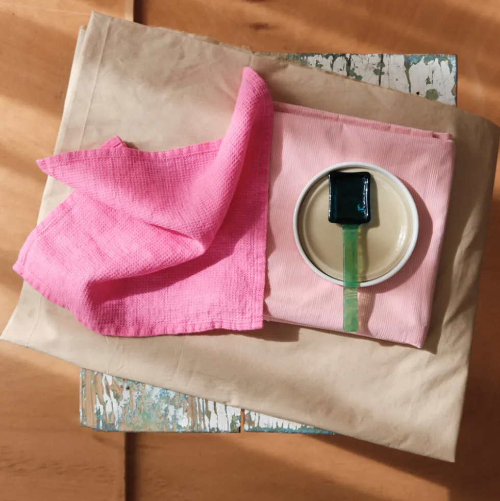 Serviette de bain invité en lin - Nid d'abeille - Rose Garance