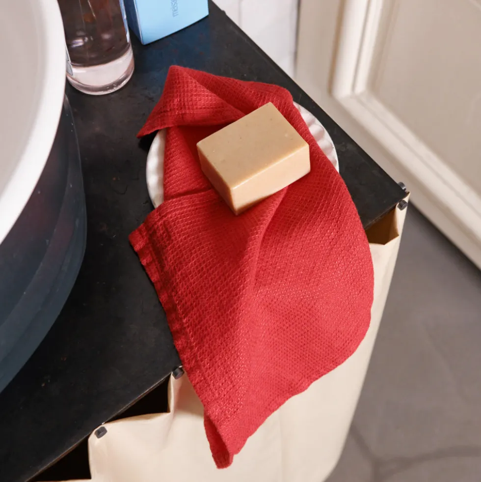 Serviette de bain invité en lin - Nid d'abeille - Rouge Vermillon