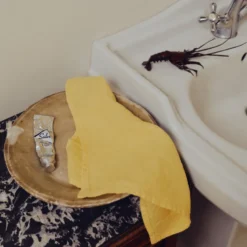 Serviette de bain invité en lin - Nid d'abeille - Jaune Citronnade