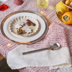 Serviette de table en lin lavé - Brodée Rouge Vermillon - Édition Noël